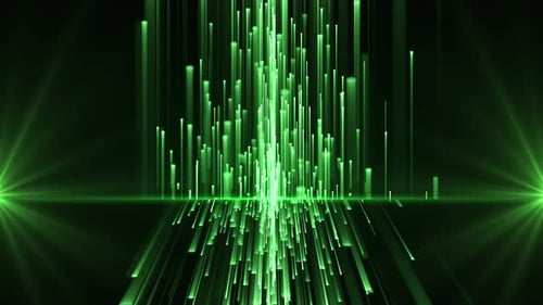 Abstract digital matrix background with bright neon rays and glowing lines. green neon lines