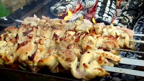 Slow motion shashlik meat roasting on skewers outdoors a culinary barbecue concept