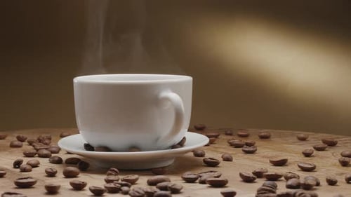 Steaming Coffee Cup Surrounded by Coffee Beans