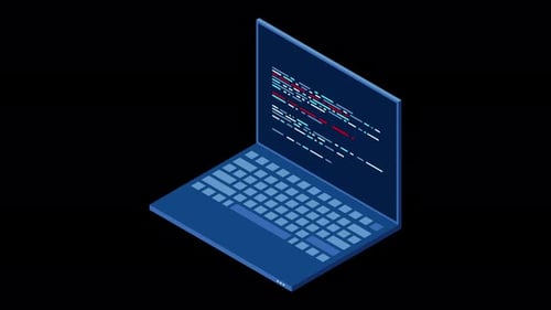 Isometrische Laptop-Animation. Isometrischer 3D-Laptop-Computer. Abstrakte Programmiersprache und Programm