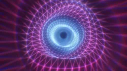 A mesmerizing pink and blue vortex with a wireframe futuristic glowing tunnel