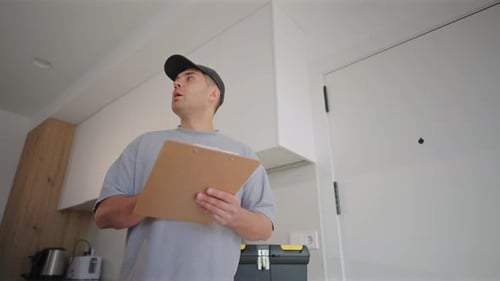 Home Inspector with Clipboard Conducting Kitchen Maintenance Assessment