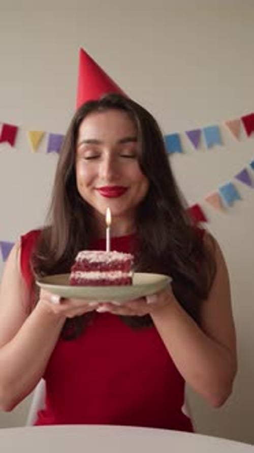 Joyful Woman Celebrates Birthday Blowing Out Candle