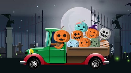 Hallowen Pumpkin Drive Truck Car On Graveyard Hd