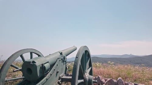Artillery cannon gun emplacement on Shipka Pass battlefield landscape