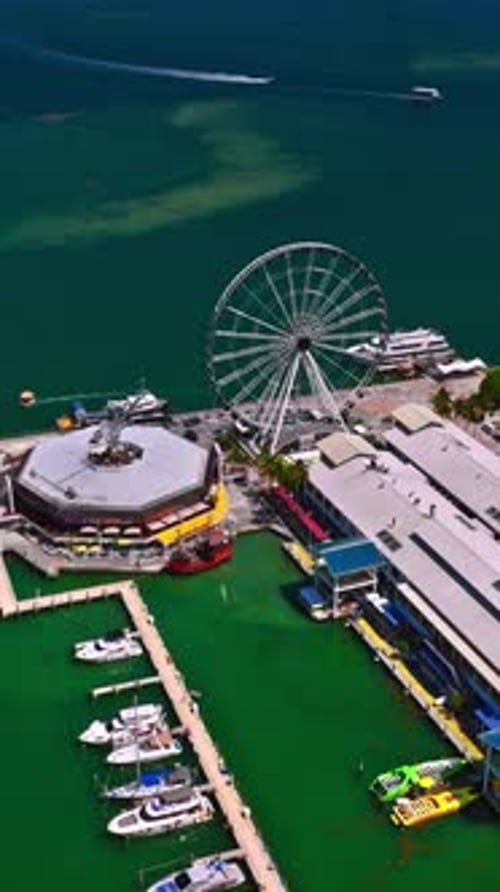 Aerial view of Miami waterfront with marina and ferris wheel