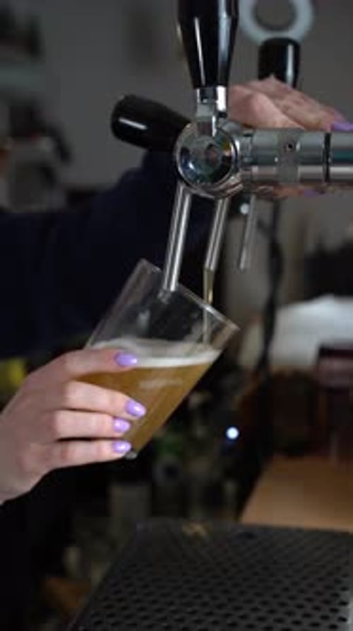 Bartender pours beer from tap into glass