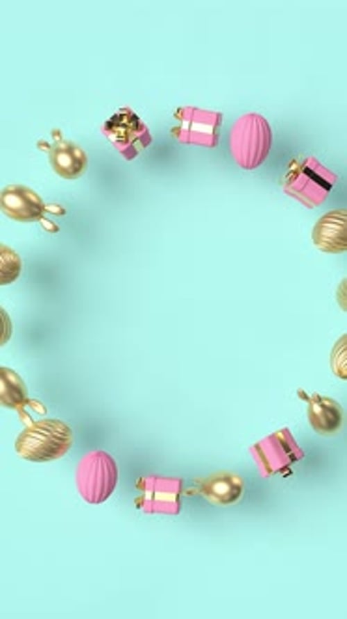 Animated Easter Frame with Rotating Golden Eggs and Pink Gifts