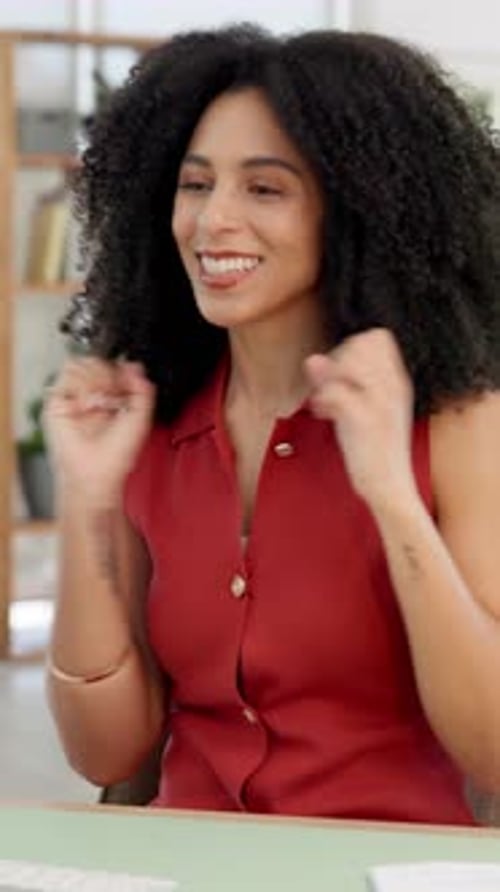 Happy, woman and fist pump in office with computer for marketing success, milestone and achievement