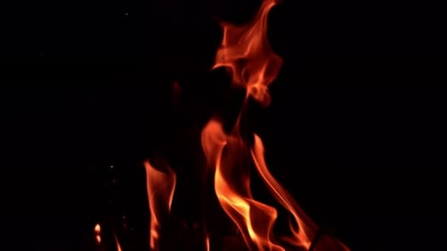 Wunderschöne Lagerfeuerflammen, die in der Dunkelheit tanzen. Dünne Flammenzungen steigen auf. Nahaufnahme.