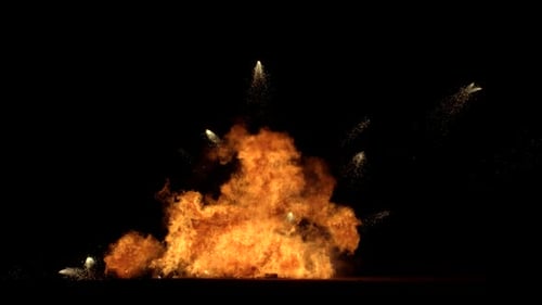 Collection Detonate : des étincelles de feu jaillissent d'une détonation au sol dans l'obscurité, filmée en 4K à 60 images par seconde