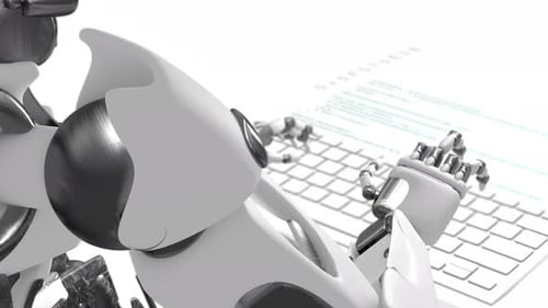 Robô de inteligência artificial digitando em um teclado