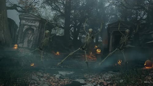 Halloween Night Skeletons Dancing In Spooky Cemetery
