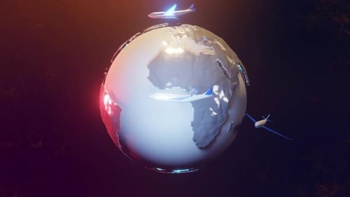 3D Global Travel Network with Airplanes Around Earth