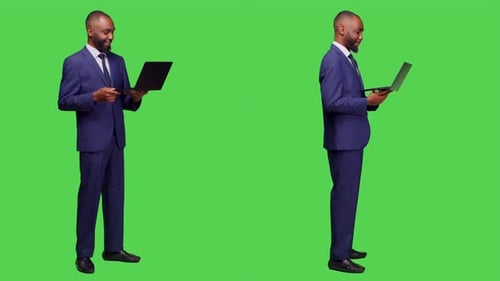 Man in Suit Video Conferencing on Green Screen