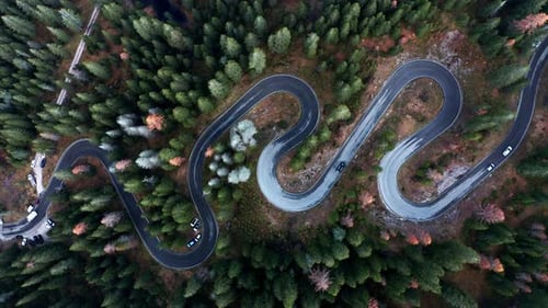 Kurvenreiche Bergstraße durch einen dichten immergrünen Wald, aufgenommen von oben an einem klaren Tag