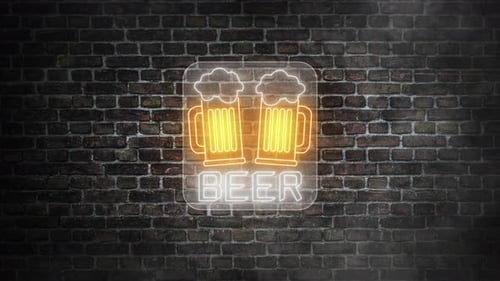 Flashing Neon Beer Mug Sign on Brick Wall