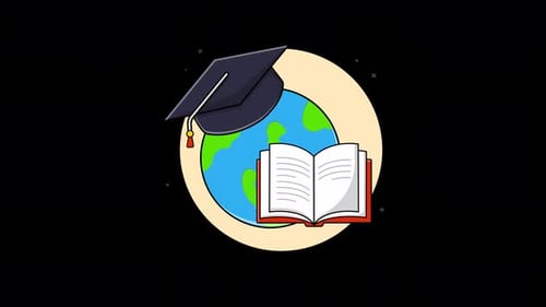 Animated Flat Design Education Concept with Graduation Cap, Globe, and Book