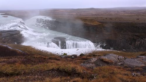 Gullfoss waterfall in Iceland during autumn - panning reveal
