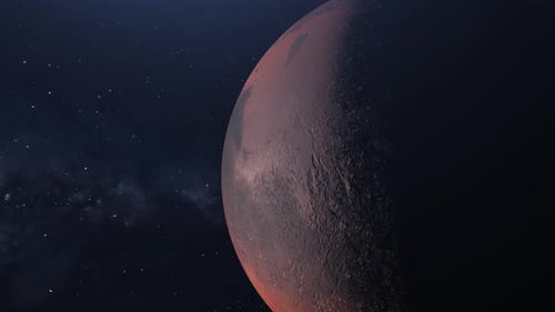 Langsamer Flug über den Mars. Hintergrund der Milchstraße und des Mars. Weltraum-Look.