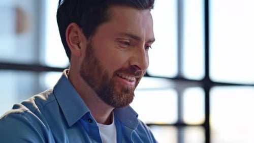 Businessman Hands Typing Laptop Office Desk Closeup Smiling Man Satisfied Work