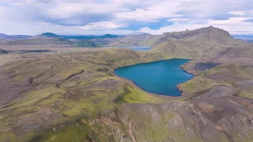 Aerial view of lake and mountains, Iceland.