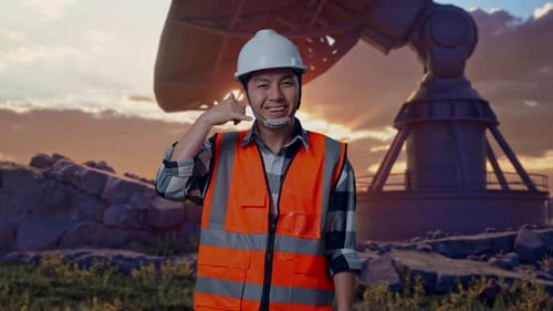 Man Wearing Hard Hat Makes Call Me Gesture