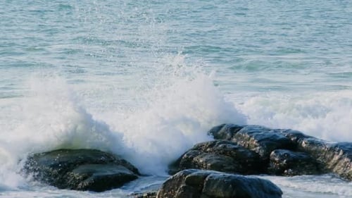 Slow motion video of wave crushing stone on a sea shore.