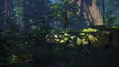 Crocodile se reposant dans une forêt verdoyante à la lumière du petit matin