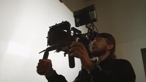 Caucasian Videographer Shooting Footage for Commercial in Studio