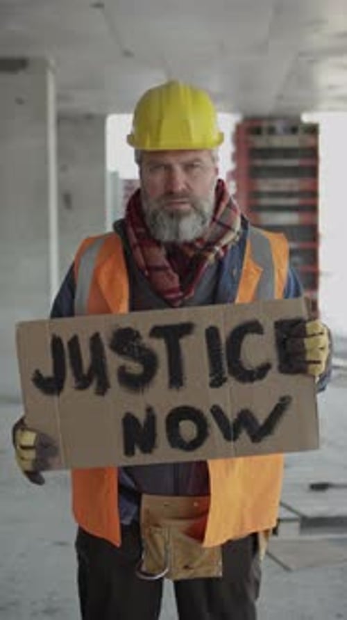 Construction Worker Holding Justice Now Sign