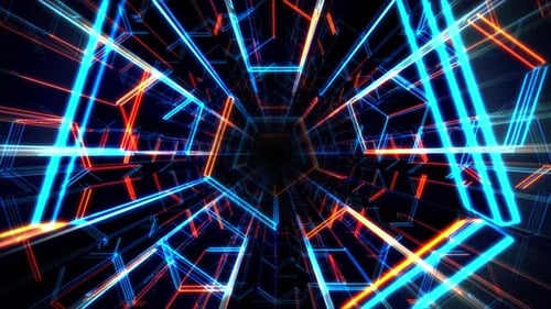 Bright science fiction tunnel with illuminated patterns made of blue and orange neon light lines