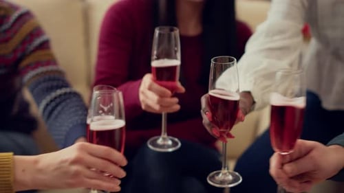 Grupo de pessoas tocando taças de vinho para comemorar o feriado de Natal
