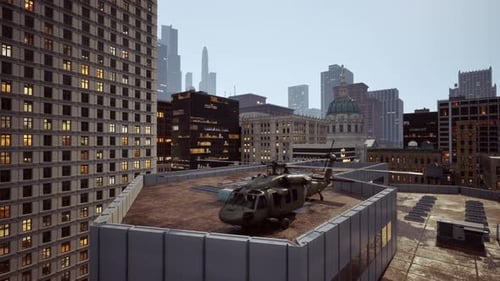 Militärhubschrauber in der Großstadt