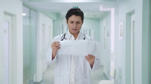 Concerned Doctor Reading Medical Report in Hospital