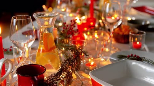 Holiday Dining Table with Sparkling Lights and Decorations