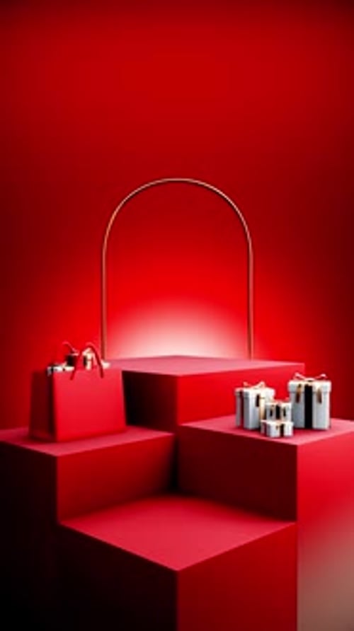 Festive Red Podium Display with Rotating Gifts and Arch