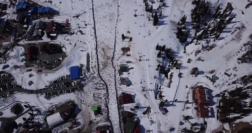 Mountain ski resort aerial view. Winter sports travel destination.
