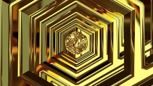 Bewegung durch einen Tunnel aus Goldformen, Reflexion, Exklusivität, Hintergrund, 3D-Render