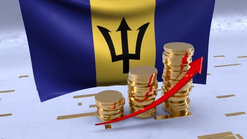 Barbados Flag With Gold Coins Tower And Up Arrow
