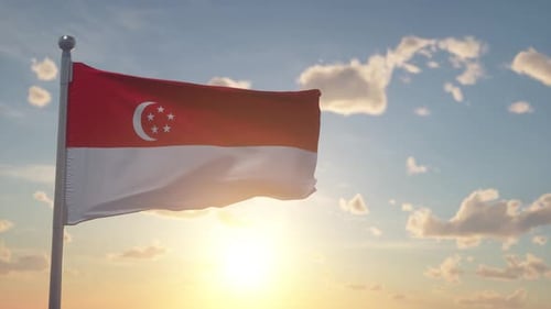 Realistic Singapore Flag Waving in Golden Sunset