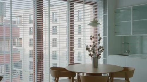Dining room table with chairs inside empty kitchen interior apartment property