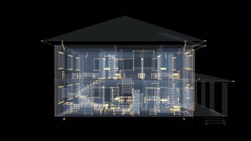 Digital 3D Wireframe House Blueprint Rotating Hologram
