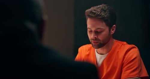 Man, interview and statement in jail for crime, arrest with legal interrogation or police