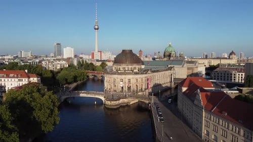 S-Bahn, train runs over bridge. TV Tower
Amazing aerial view flight panorama overview drone footage