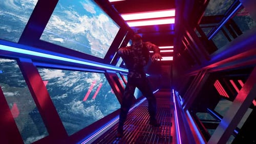 Zombie Walks Through Neon Lit Sci-Fi Space Corridor