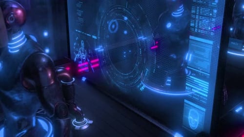 Roboter interagiert mit futuristischer Oberfläche
