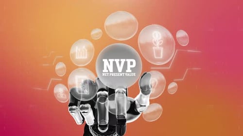 Robotic Hand Interacting with NVP Business and Financial Icons