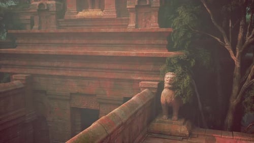 Lion Statue Perched on Stone Wall