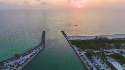 Aerial Sunset Seascape with Venice South and Nokomis North Jetty in Sarasota County USA Tourists
